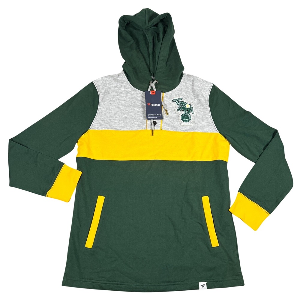 Fanatics Oakland Athletics MLB Mens Medium Henley Hoodie Green Yellow Colorblock